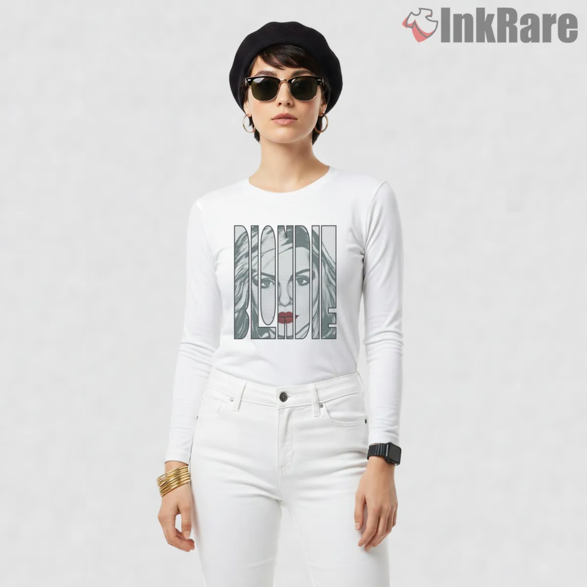 Blondie Debbie Harry Pop Art Split Panel Portrait Long Sleeve White Blondie Debbie Harry Pop Art Split Panel Portrait Shirt on white long sleeve shirt for women graphic tee