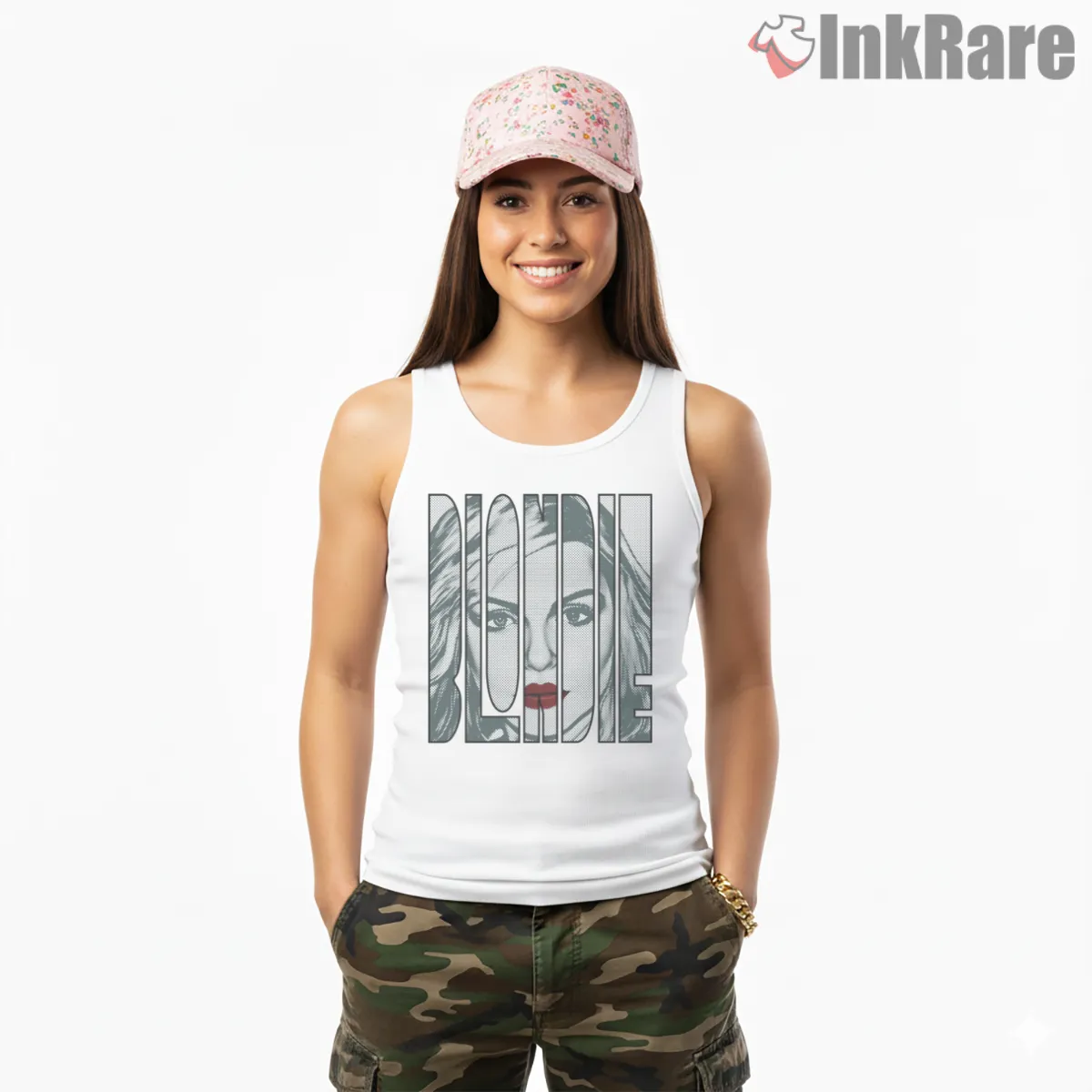 Blondie Debbie Harry Pop Art Split Panel Portrait Tank Top White Blondie Debbie Harry Pop Art Split Panel Portrait Shirt on white tank top for women graphic tee