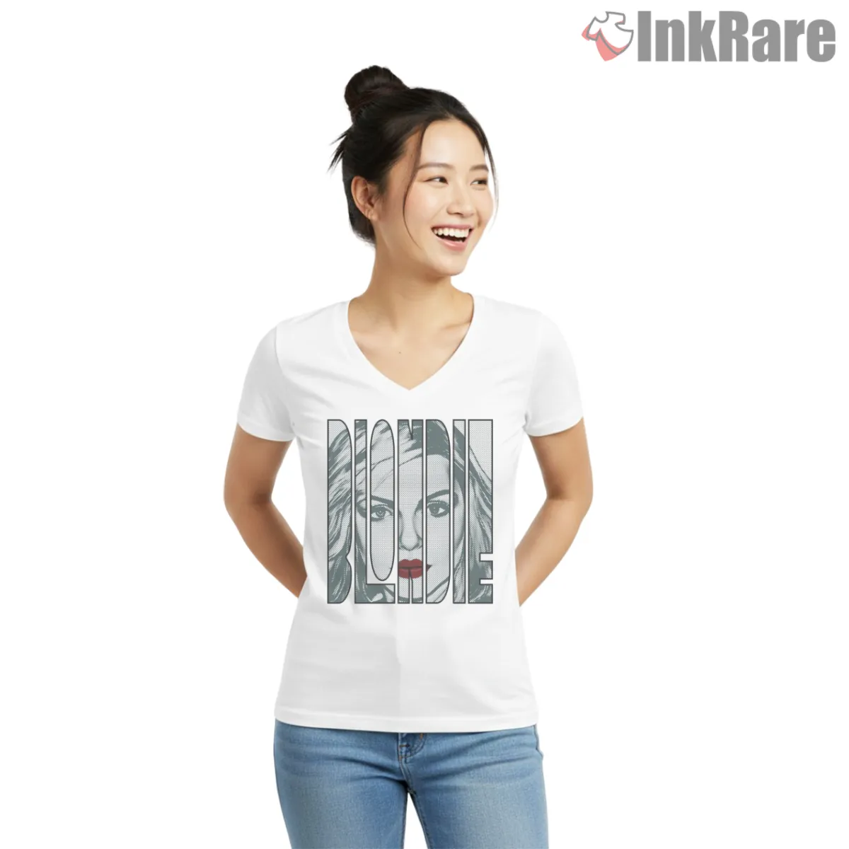 Blondie Debbie Harry Pop Art Split Panel Portrait V Neck White Blondie Debbie Harry Pop Art Split Panel Portrait Shirt on white v-neck shirt for women graphic tee