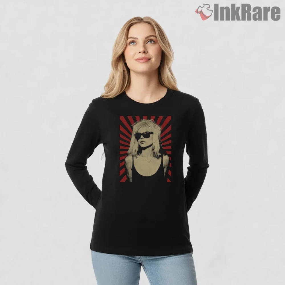 Blondie Debbie Harry Retro Punk Sunburst Portrait Shirt on black long sleeve shirt for women graphic tee