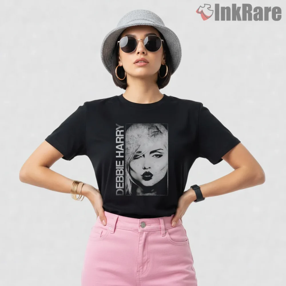 Blondie Debbie Harry Vintage Vertical Portrait Punk Shirt on black short sleeve shirt for women graphic tee