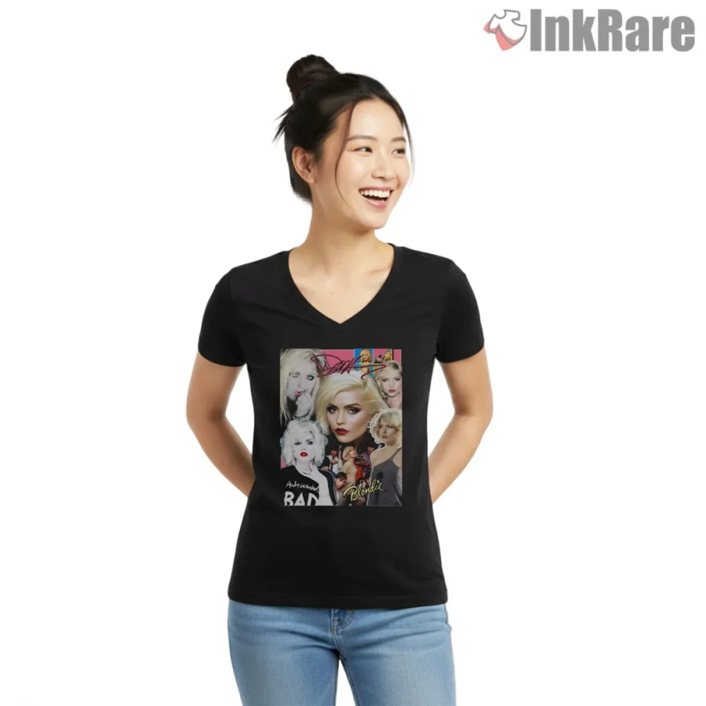 Blondie Forever Collage Iconic Era Portrait Shirt on black v-neck shirt for women graphic tee
