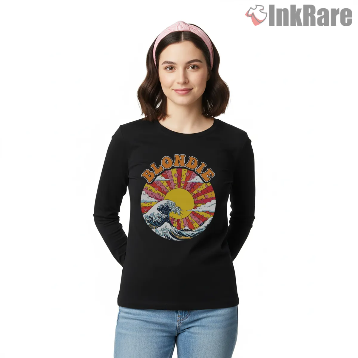 Blondie Great Wave Retro Psychedelic Art Shirt on black long sleeve shirt for women graphic tee