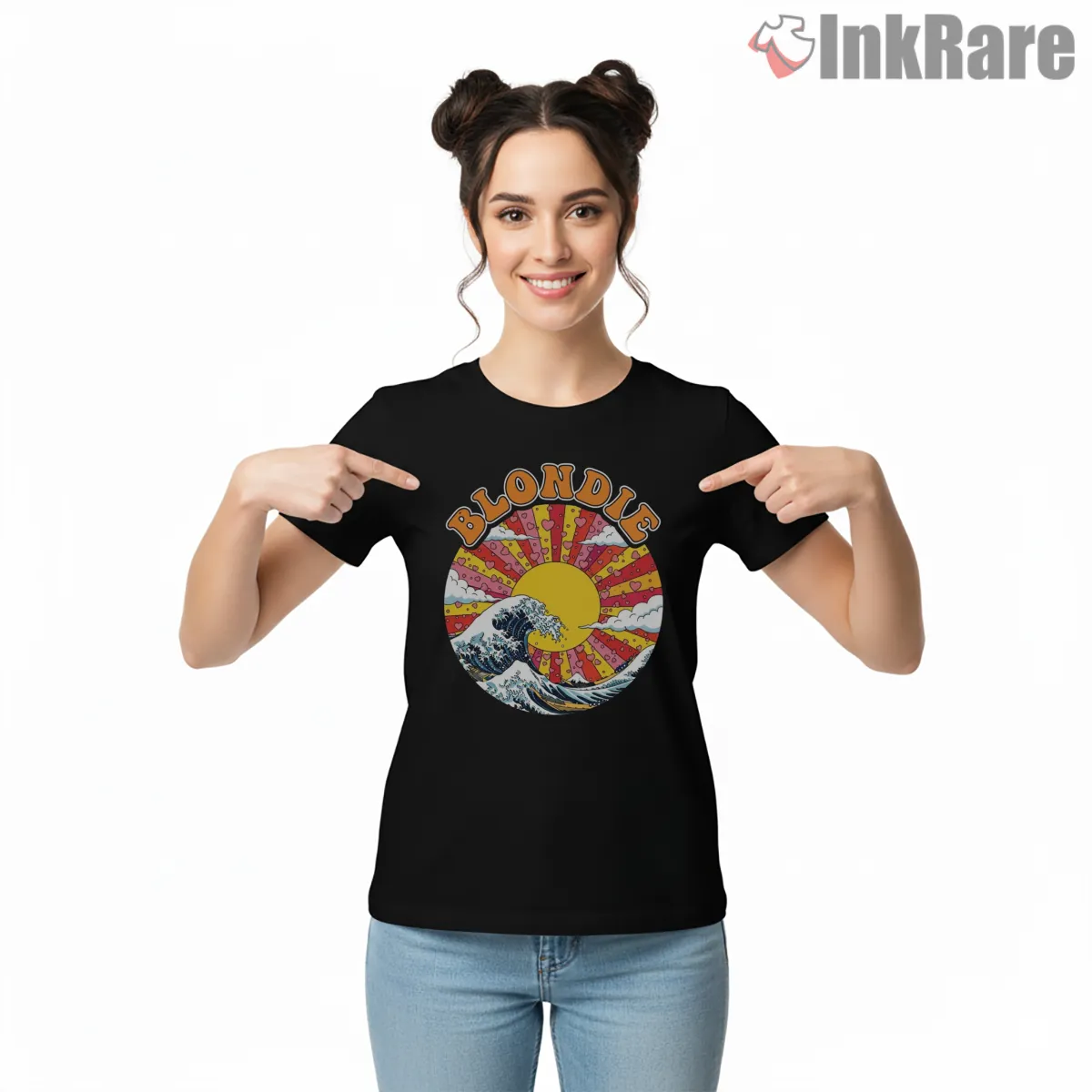 Blondie Great Wave Retro Psychedelic Art Short Sleeve Black Blondie Great Wave Retro Psychedelic Art Shirt on black short sleeve shirt for women graphic tee