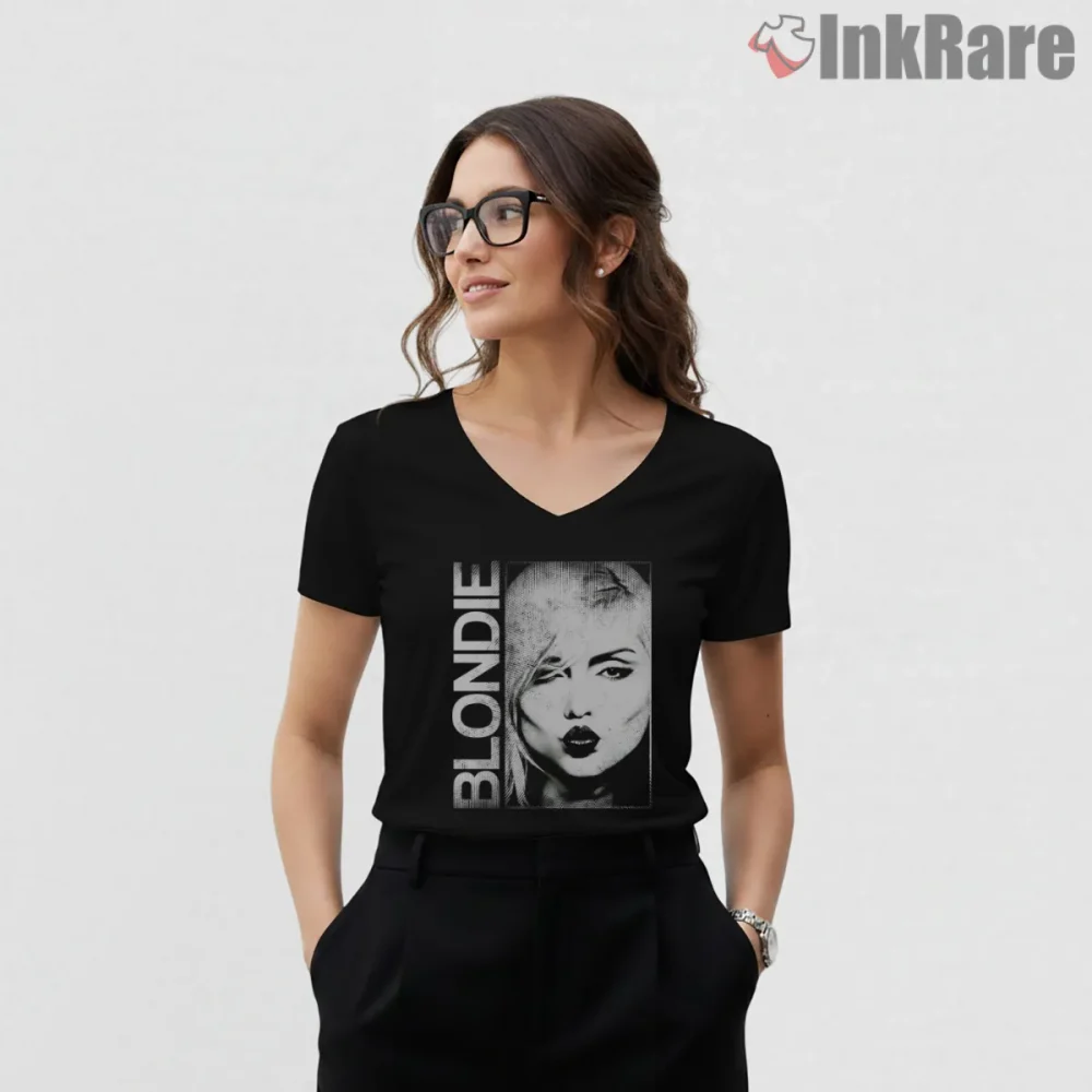 Blondie Halftone Graphic Portrait Minimal Punk Shirt on black v-neck shirt for women graphic tee