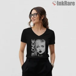Blondie Halftone Graphic Portrait Minimal Punk Shirt on black v-neck shirt for women graphic tee