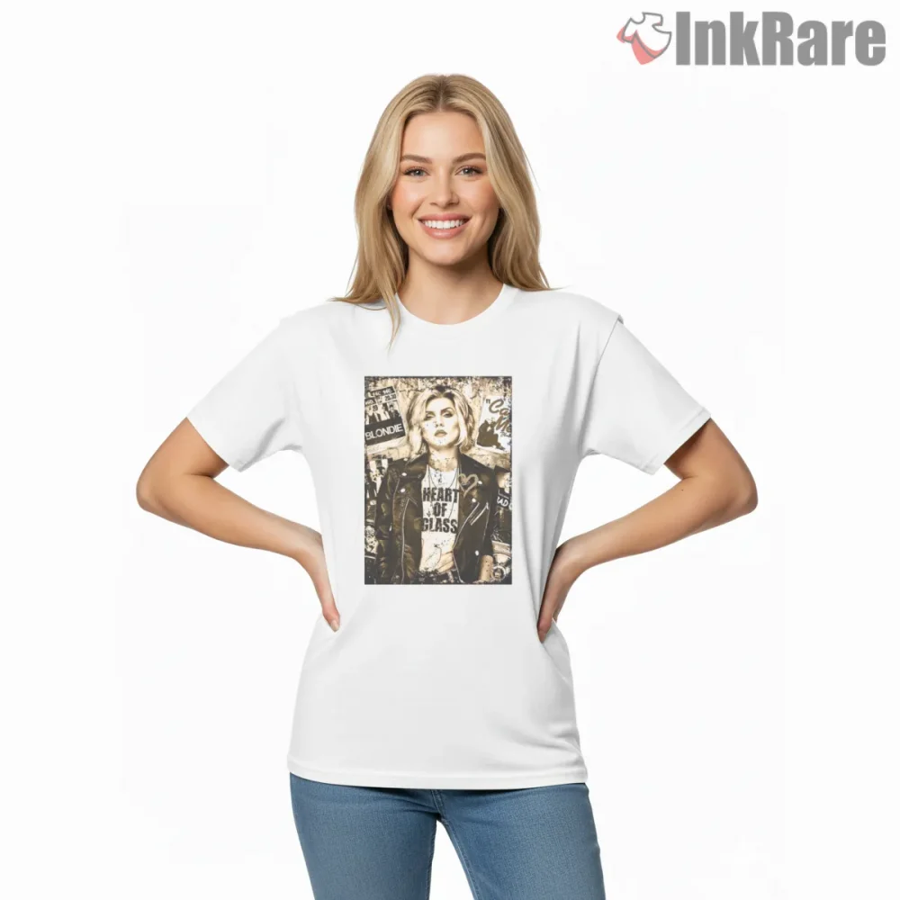 Blondie Heart Of Glass Vintage Punk Poster Portrait Shirt on white short sleeve shirt for women graphic tee