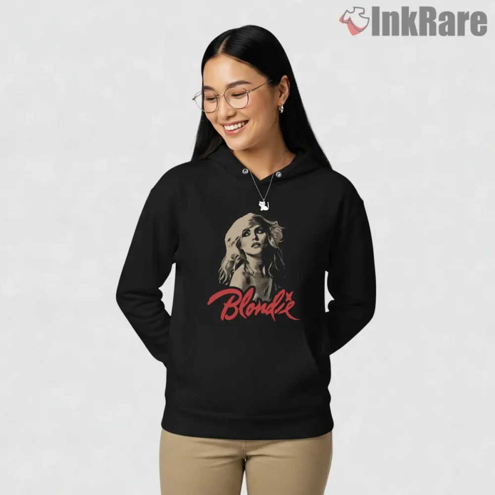Blondie Iconic Frontwoman Classic Glam Portrait Shirt on black hoodie for women graphic tee