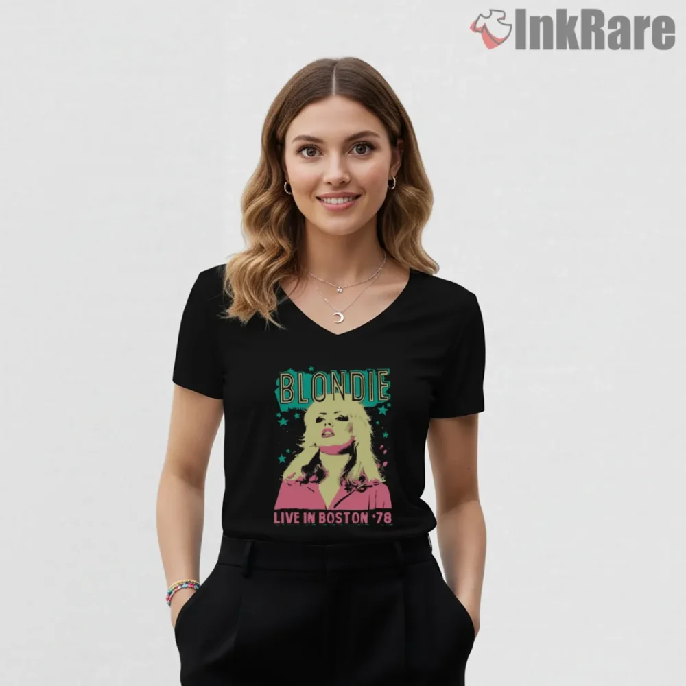 Blondie Live In Boston 1978 Vintage Concert Poster Shirt on black v-neck shirt for women graphic tee