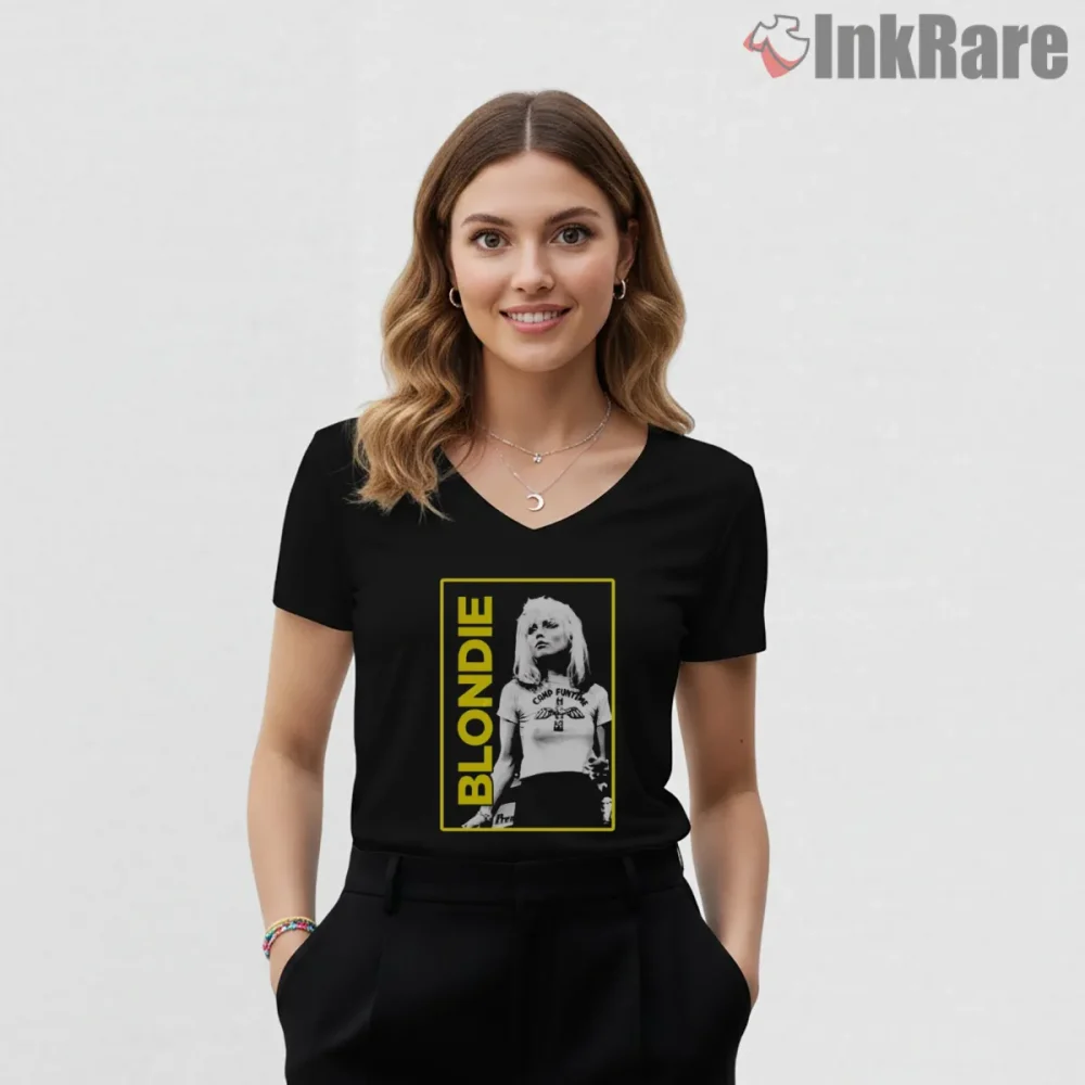 Blondie Minimal Retro Frame Black White Portrait Shirt on black v-neck shirt for women graphic tee