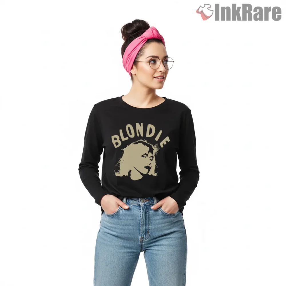 Blondie Minimal Retro Silhouette Punk Portrait Shirt on black long sleeve shirt for women graphic tee