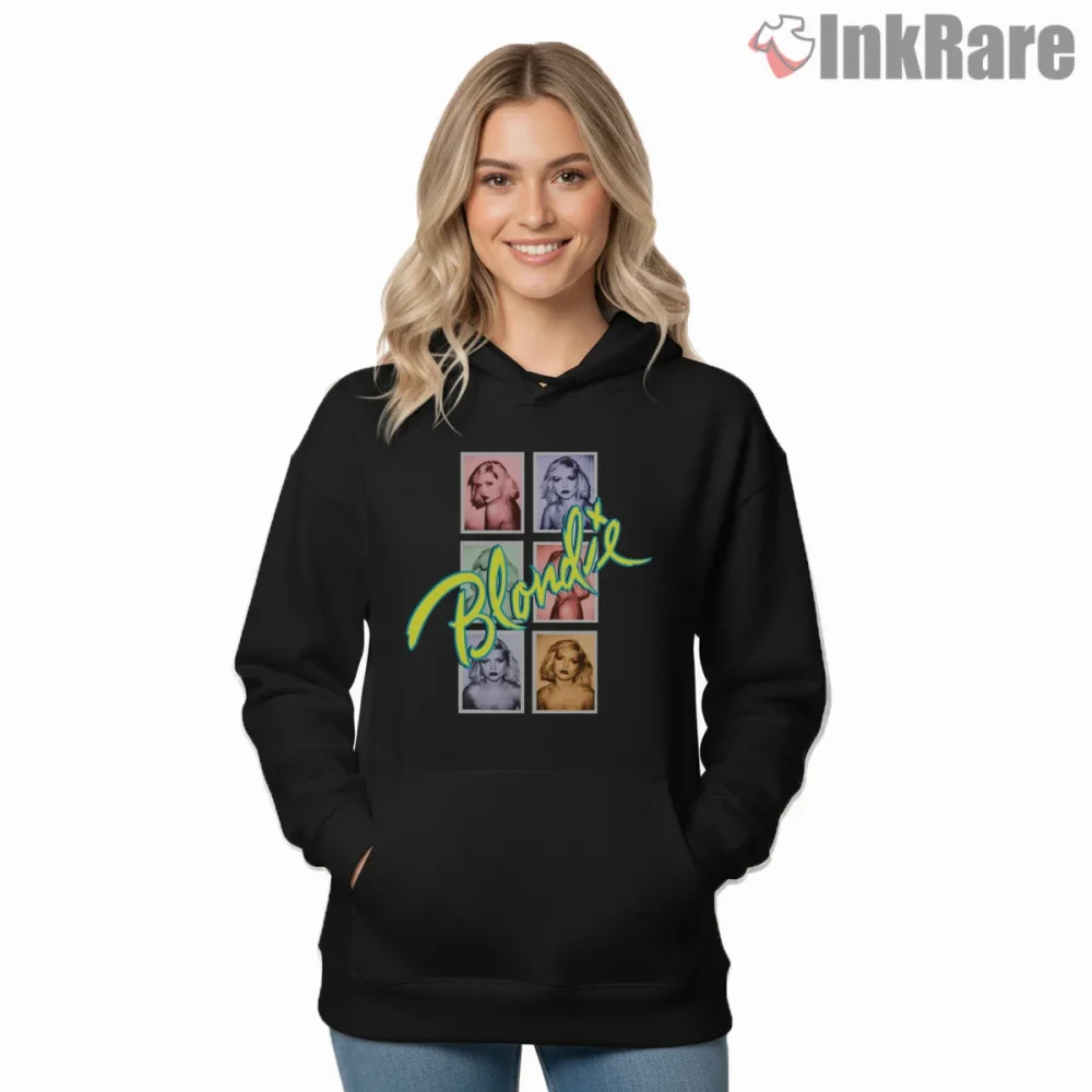 Blondie Multi Frame Color Collage Pop Art Shirt on black hoodie for women graphic tee