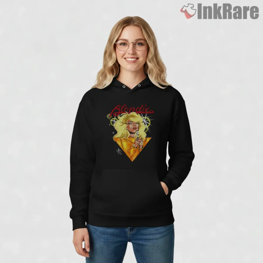 Blondie Neon Glam Illustration Retro Triangle Art Shirt on black hoodie for women graphic tee