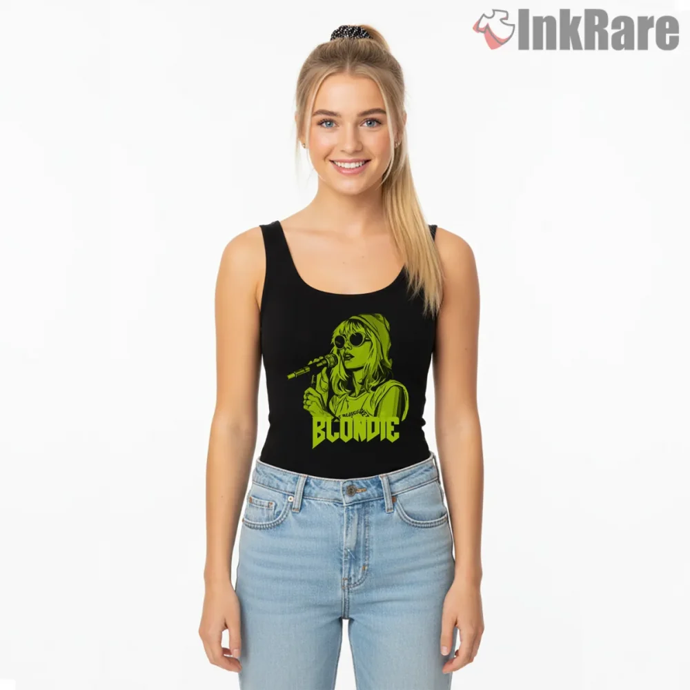 Blondie Neon Green Pop Art Performance Portrait Shirt on black tank top for women graphic tee