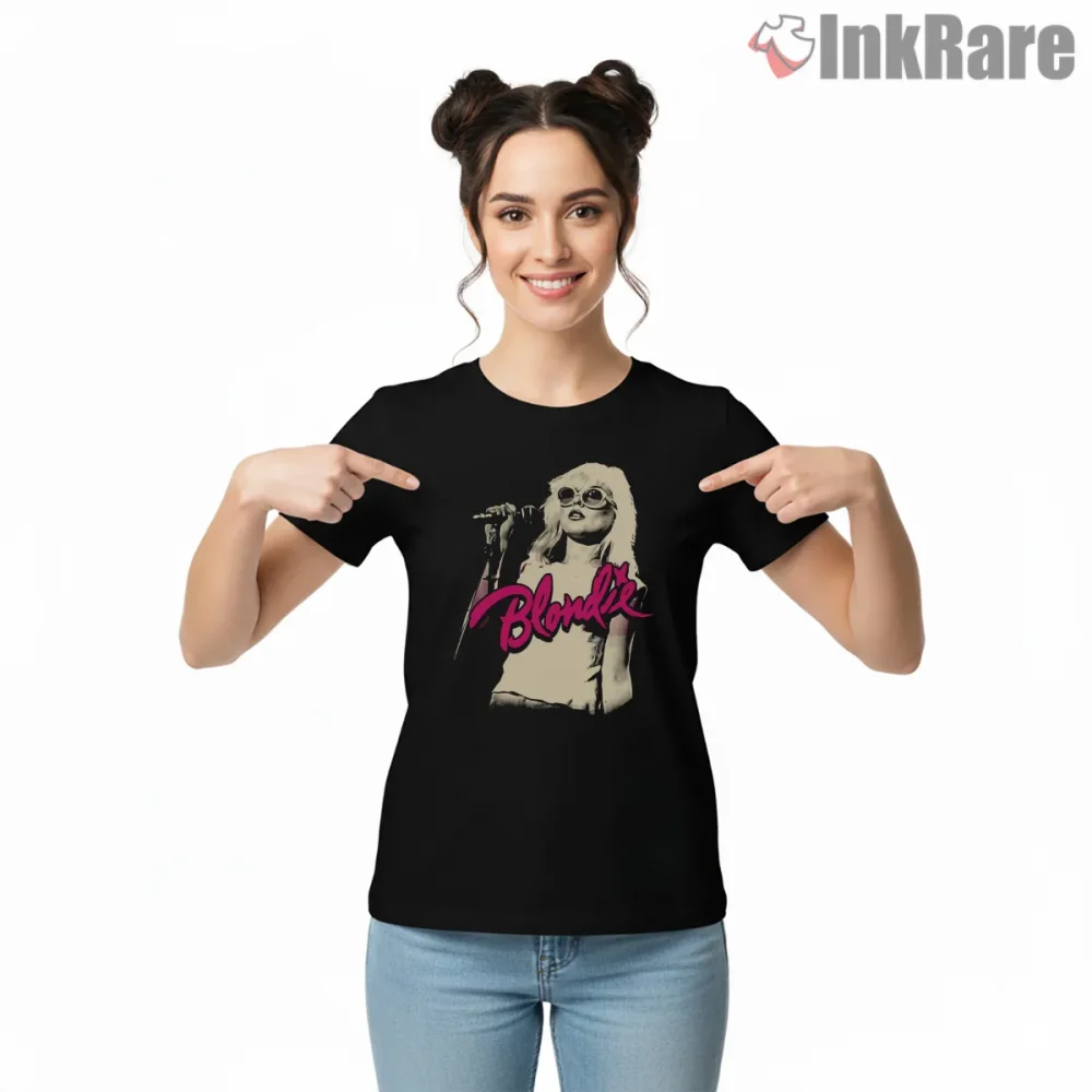 Blondie Neon Pink Logo Live Stage Glam Shirt on black short sleeve shirt for women graphic tee