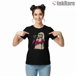 Blondie Neon Pink Logo Live Stage Glam Shirt on black short sleeve shirt for women graphic tee