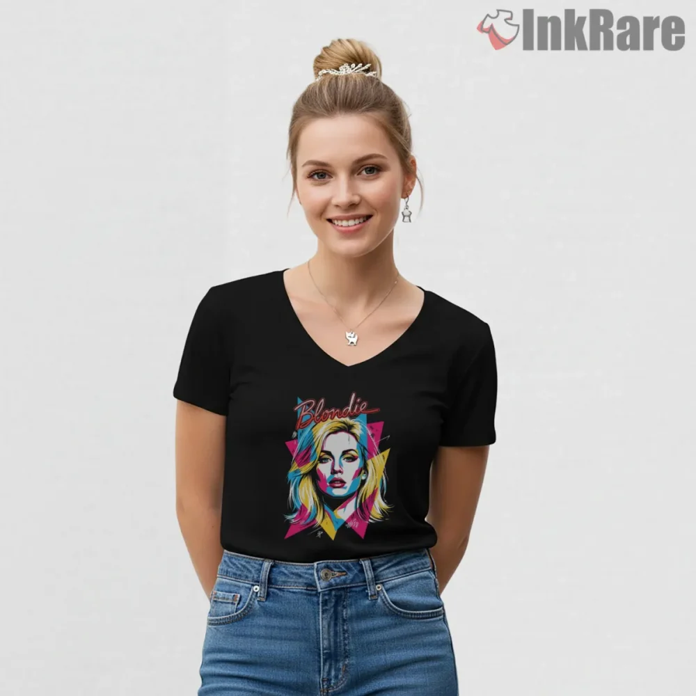 Blondie Neon Pop Art Color Block Portrait Shirt on black v-neck shirt for women graphic tee