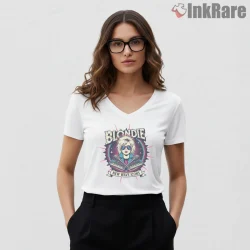 Blondie New Wave Icons Synth Pop Retro Tribute Shirt on white v-neck shirt for women graphic tee
