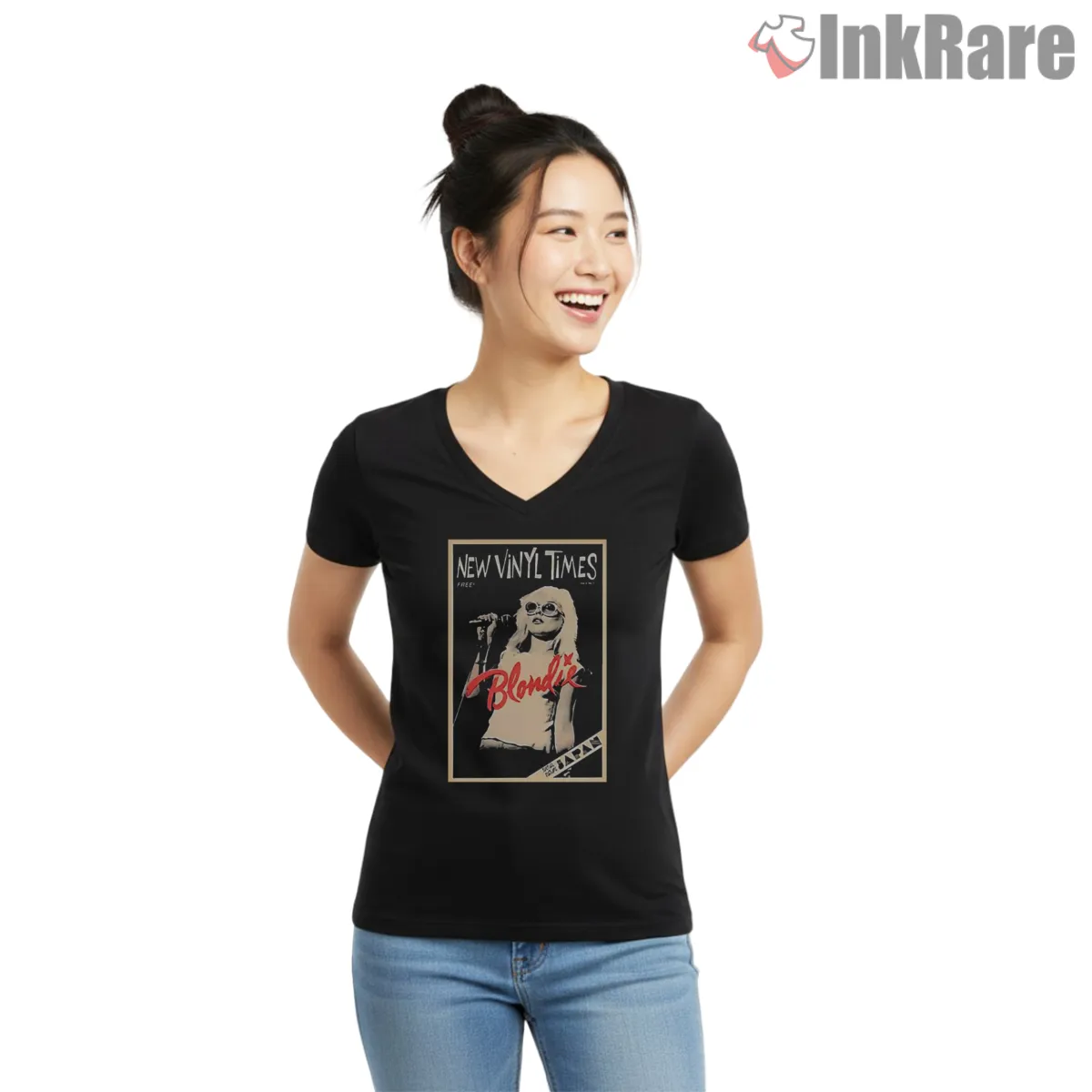 Blondie New York Punk Magazine Cover Style V Neck Black Blondie New York Punk Magazine Cover Style Shirt on black v-neck shirt for women graphic tee