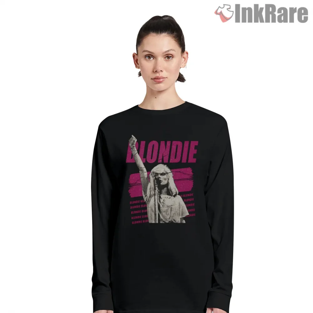 Blondie Pink Brushstroke Live Performance Graphic Shirt on black long sleeve shirt for women graphic tee