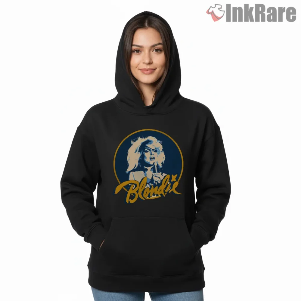 Blondie Punk Rock Girl Retro 70s Icon Portrait Shirt on black hoodie for women graphic tee