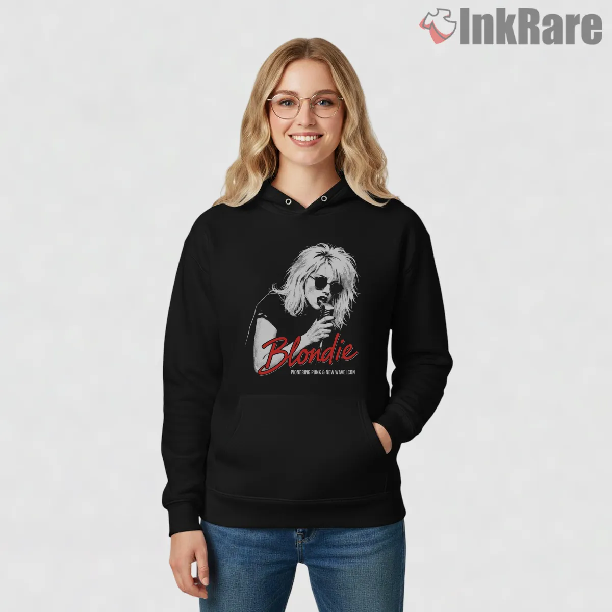 Blondie Punk Vocal Performance Sunglasses Icon Shirt on black hoodie for women graphic tee