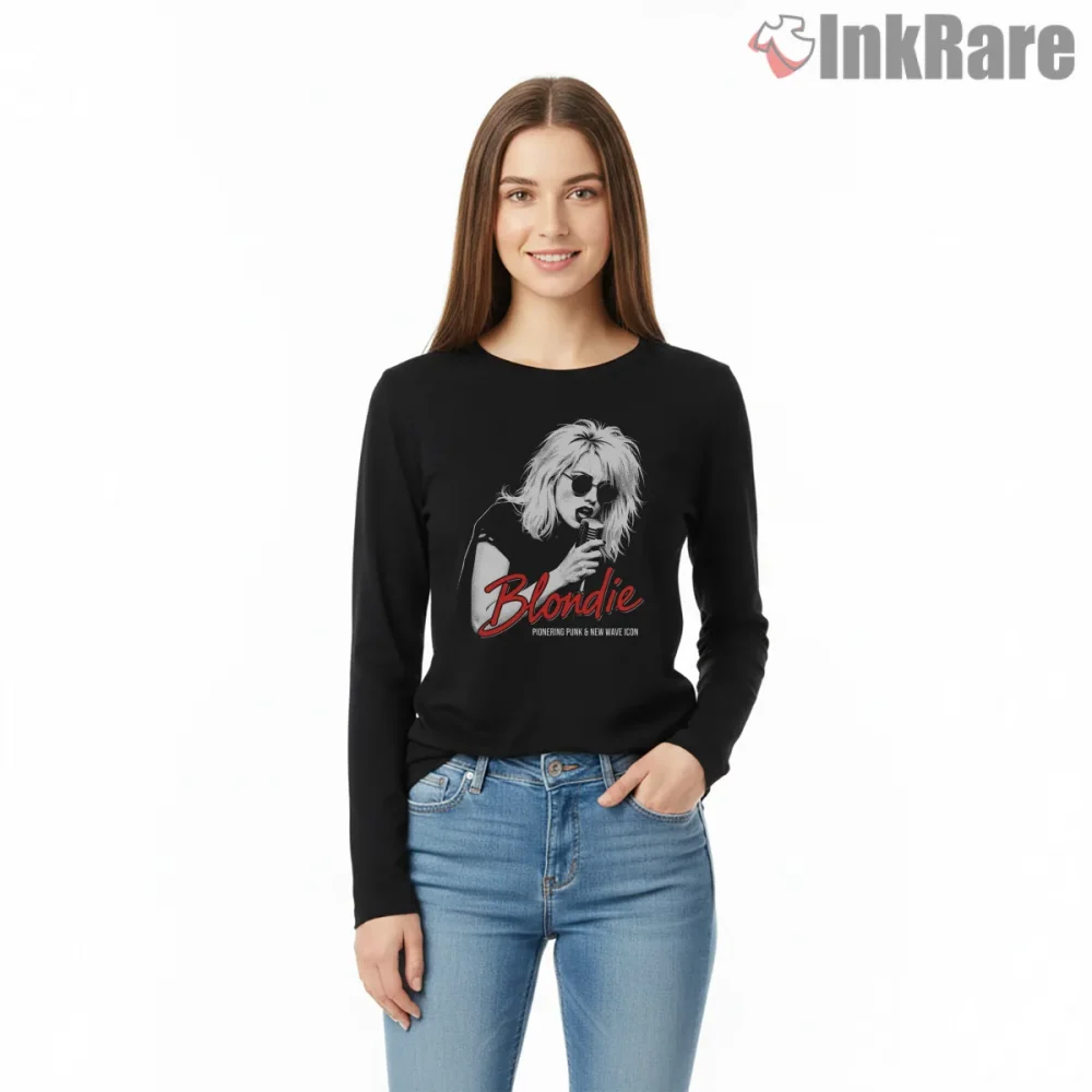 Blondie Punk Vocal Performance Sunglasses Icon Shirt on black long sleeve shirt for women graphic tee