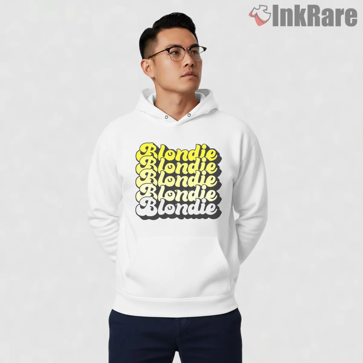 Blondie Repeated Logo Bold Retro Typography Shirt on white hoodie for men graphic tee