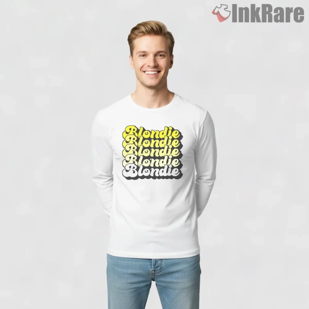 Blondie Repeated Logo Bold Retro Typography Shirt on white long sleeve shirt for men graphic tee