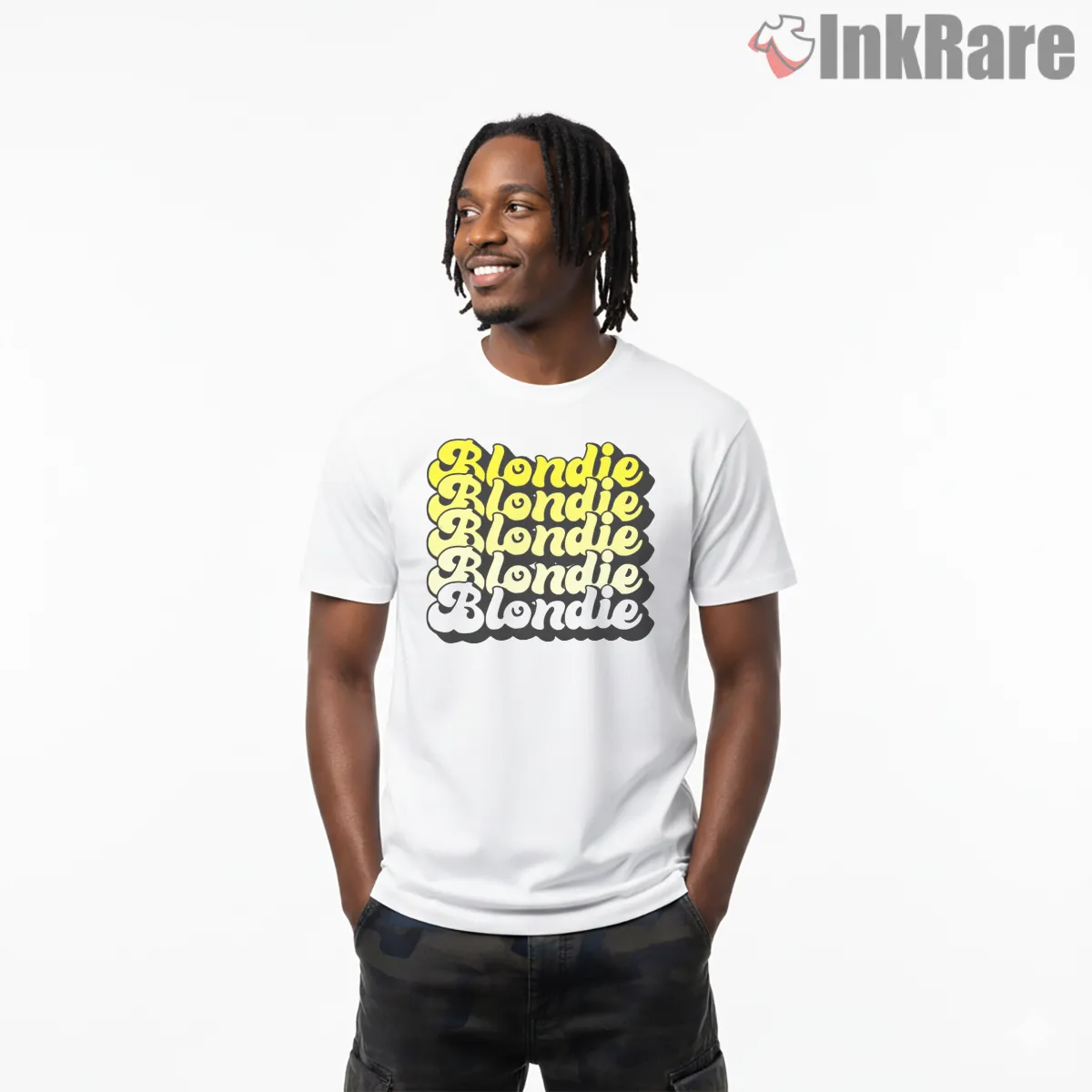 Blondie Repeated Logo Bold Retro Typography Short Sleeve White Blondie Repeated Logo Bold Retro Typography Shirt on white short sleeve shirt for men graphic tee