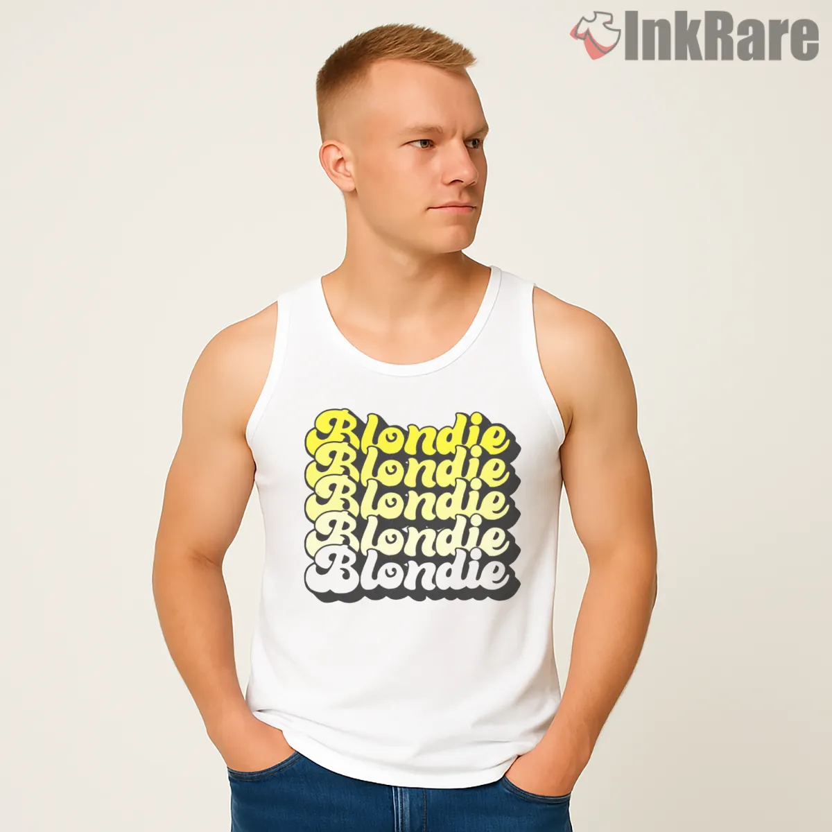 Blondie Repeated Logo Bold Retro Typography Tank Top White Blondie Repeated Logo Bold Retro Typography Shirt on white tank top for men graphic tee