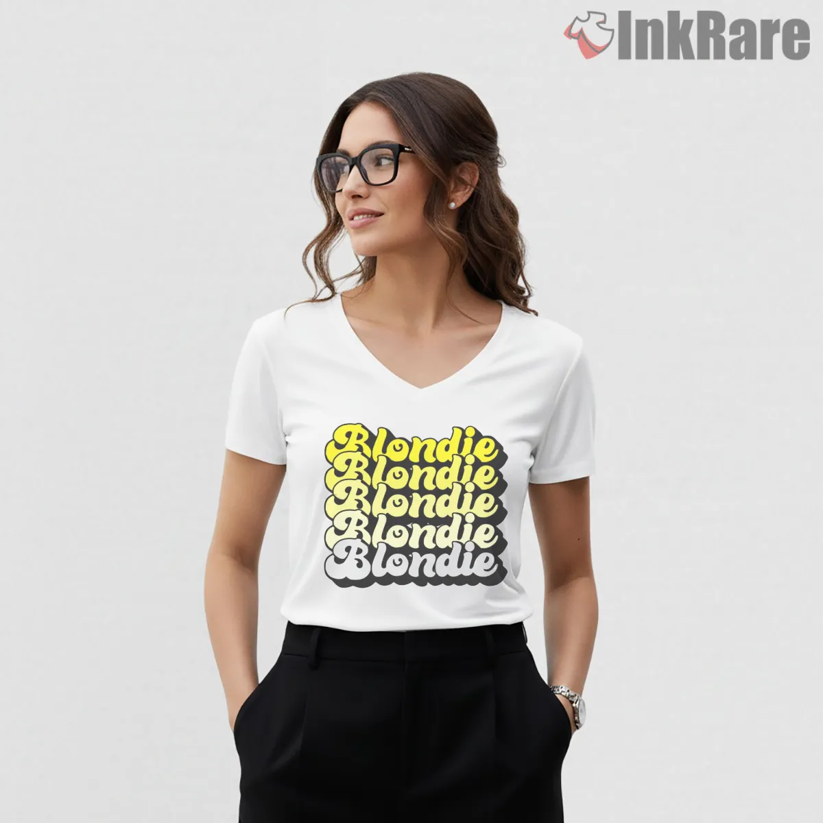 Blondie Repeated Logo Bold Retro Typography V Neck White Blondie Repeated Logo Bold Retro Typography Shirt on white v-neck shirt for women graphic tee