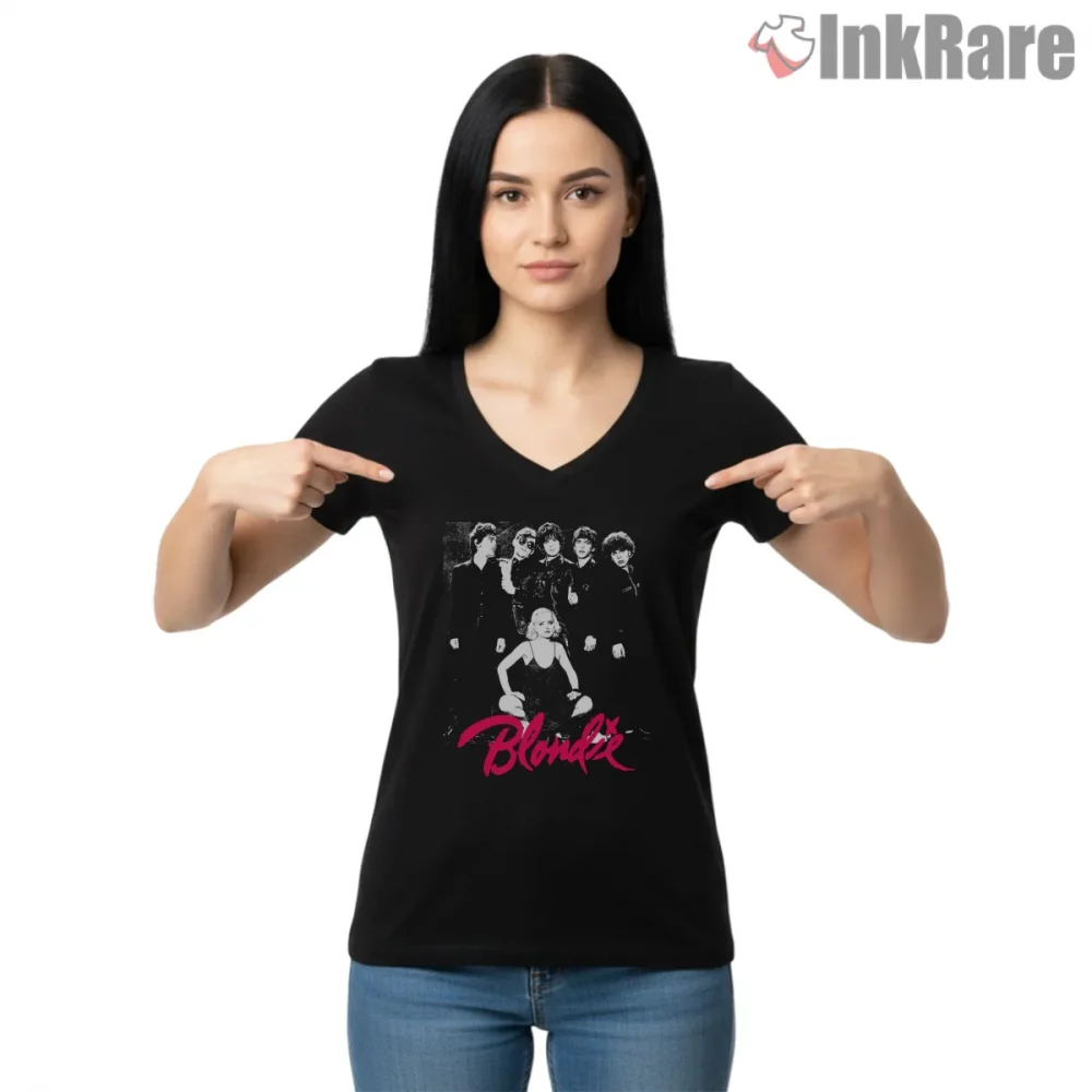 Blondie Retro Band Photo New Wave Aesthetic Shirt on black v-neck shirt for women graphic tee
