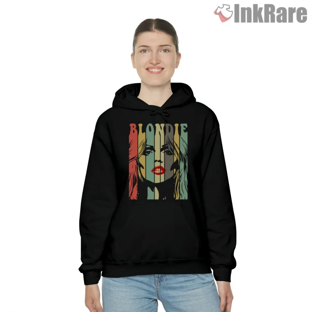 Blondie Retro Color Block Face Graphic Shirt on black hoodie for women graphic tee