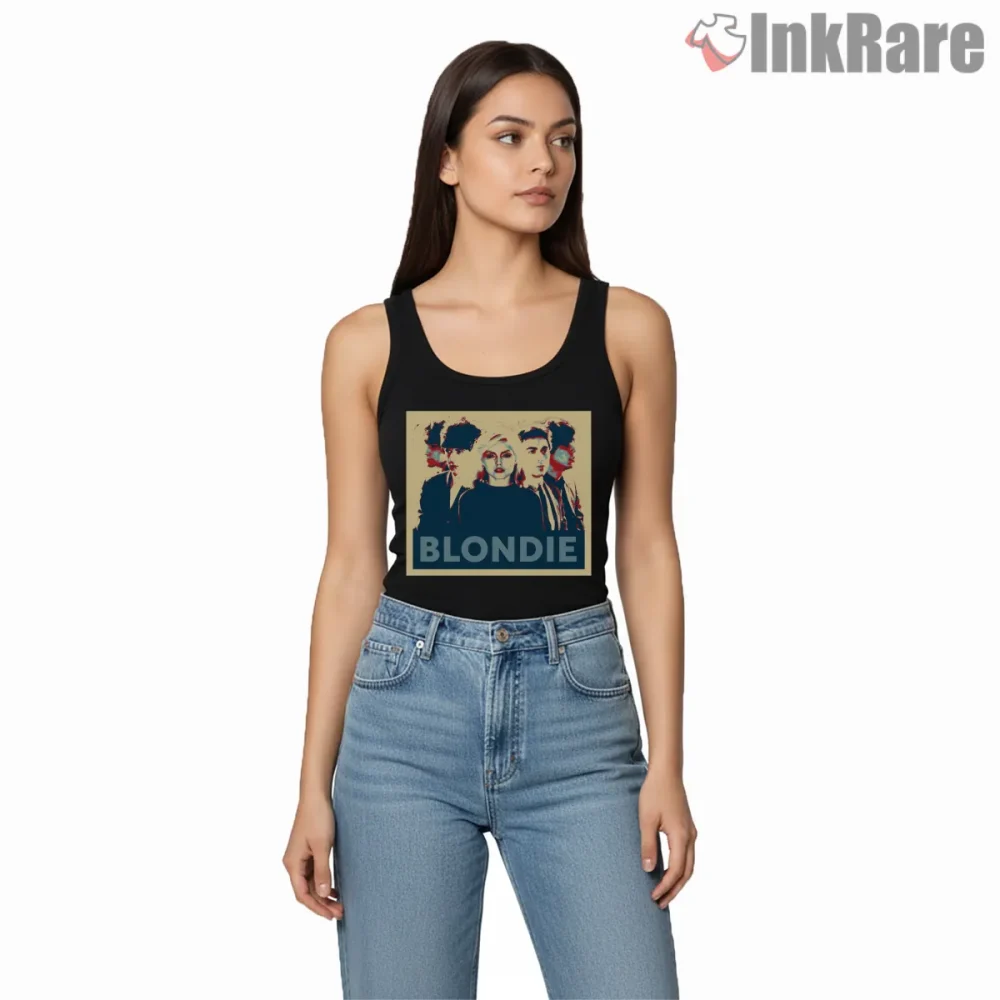 Blondie Retro Duo Tone Band Portrait Graphic Shirt on black tank top for women graphic tee