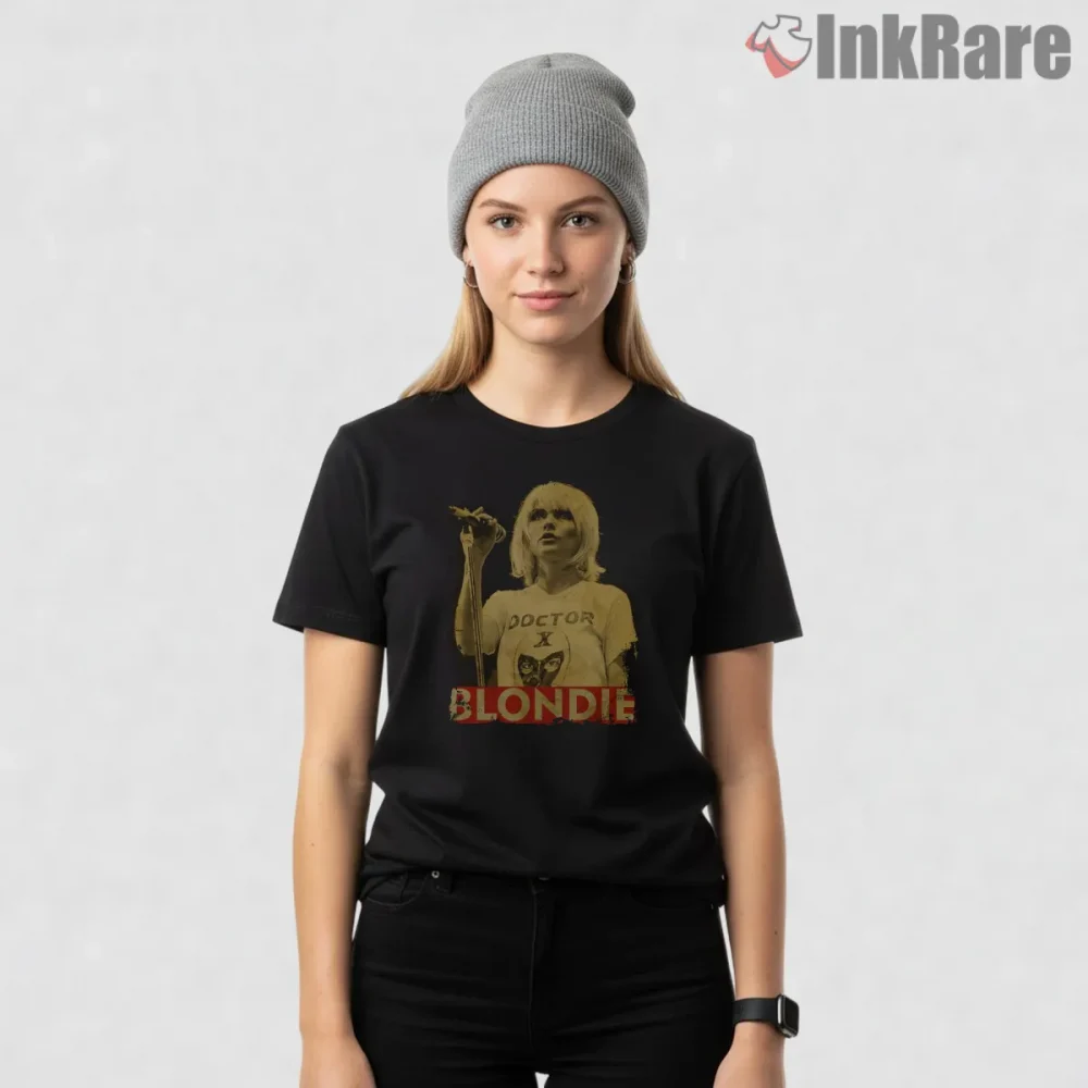 Blondie Retro Texture Stage Photo Distressed Shirt on black short sleeve shirt for women graphic tee