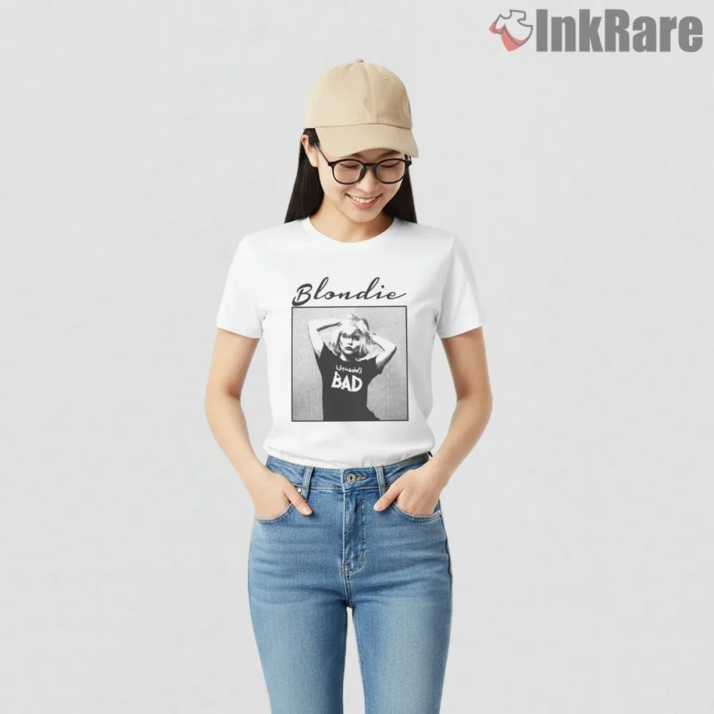 Blondie Rock Band Classic Black White Studio Portrait Shirt on white short sleeve shirt for women graphic tee