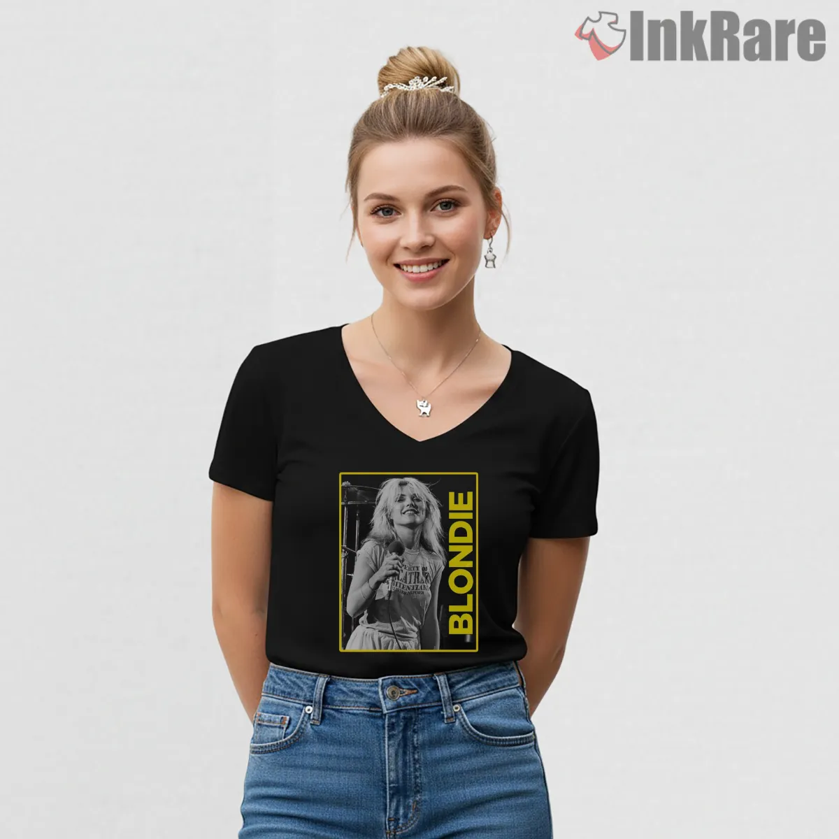 Blondie Vertical Frame Live Performance Vintage V Neck Black Blondie Vertical Frame Live Performance Vintage Shirt on black v-neck shirt for women graphic tee