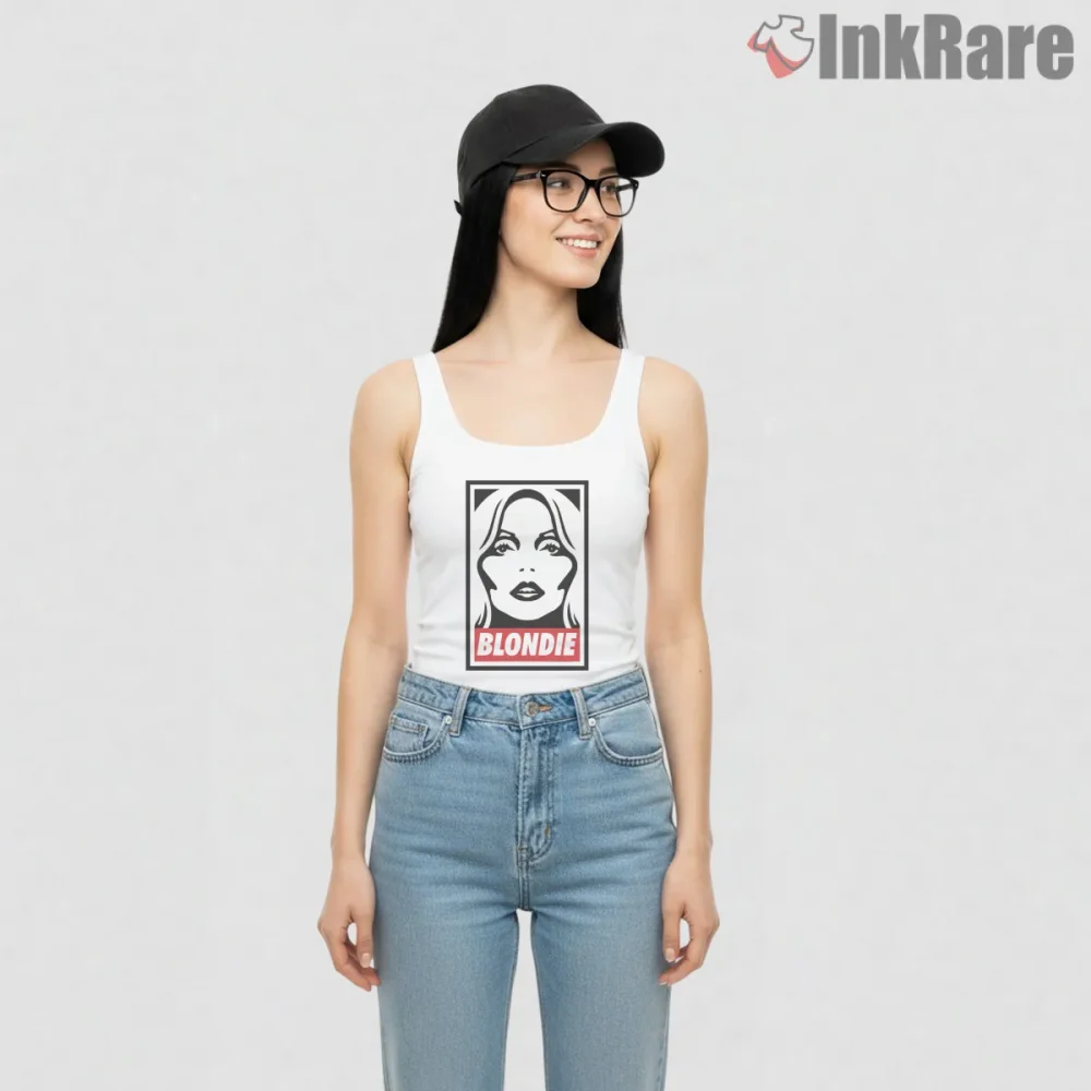 Blondie Vintage 90s Minimal Portrait Graphic Shirt on white tank top for women graphic tee