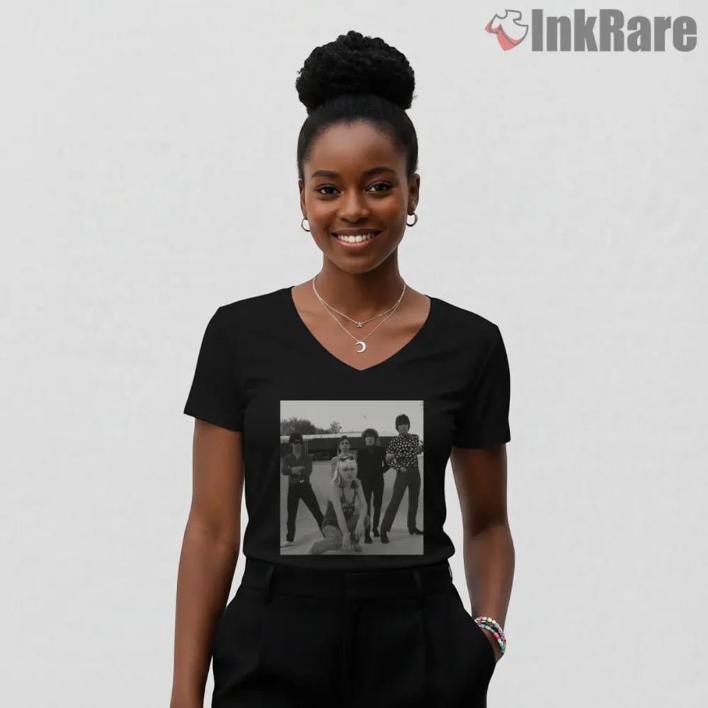 Blondie Vintage Band Photo Black White Classic Shirt on black v-neck shirt for women graphic tee