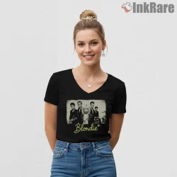 Blondie Vintage Band Photo Neon Script Retro Shirt on black v-neck shirt for women graphic tee
