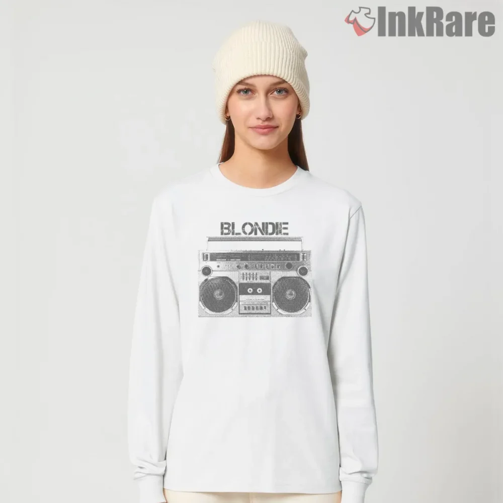Blondie Vintage Boombox Cassette Street Culture Shirt on white long sleeve shirt for women graphic tee