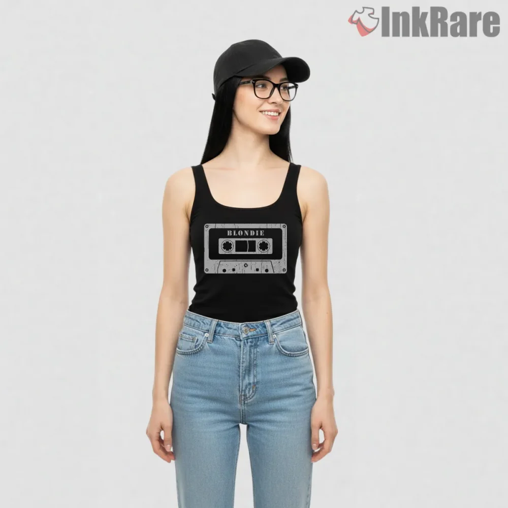 Blondie Vintage Cassette Tape Retro Music Culture Shirt on black tank top for women graphic tee