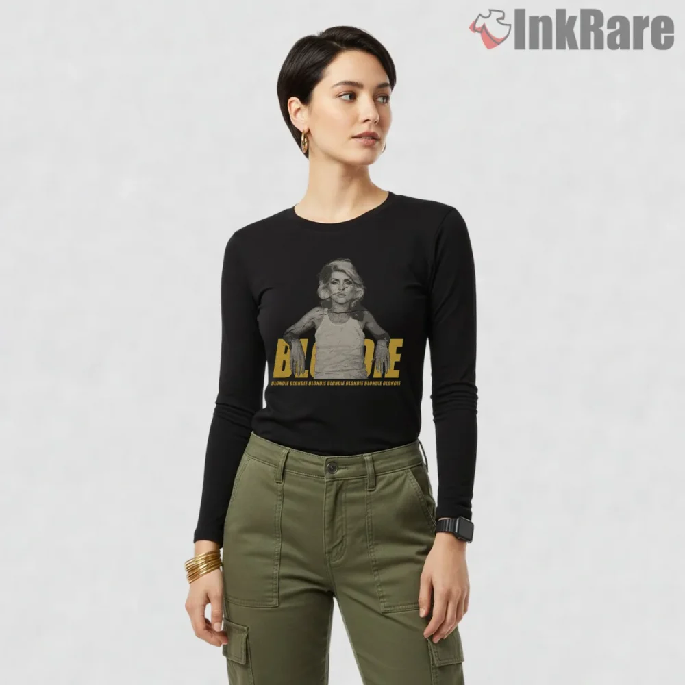 Blondie Vintage Grunge Repeated Logo Street Style Shirt on black long sleeve shirt for women graphic tee