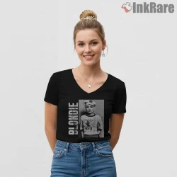 Blondie Vintage Monochrome Street Style Portrait Shirt on black v-neck shirt for women graphic tee