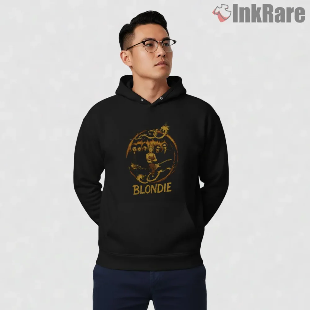 Blondie Vintage Tour Gold Frame Band Portrait Shirt on black hoodie for men graphic tee