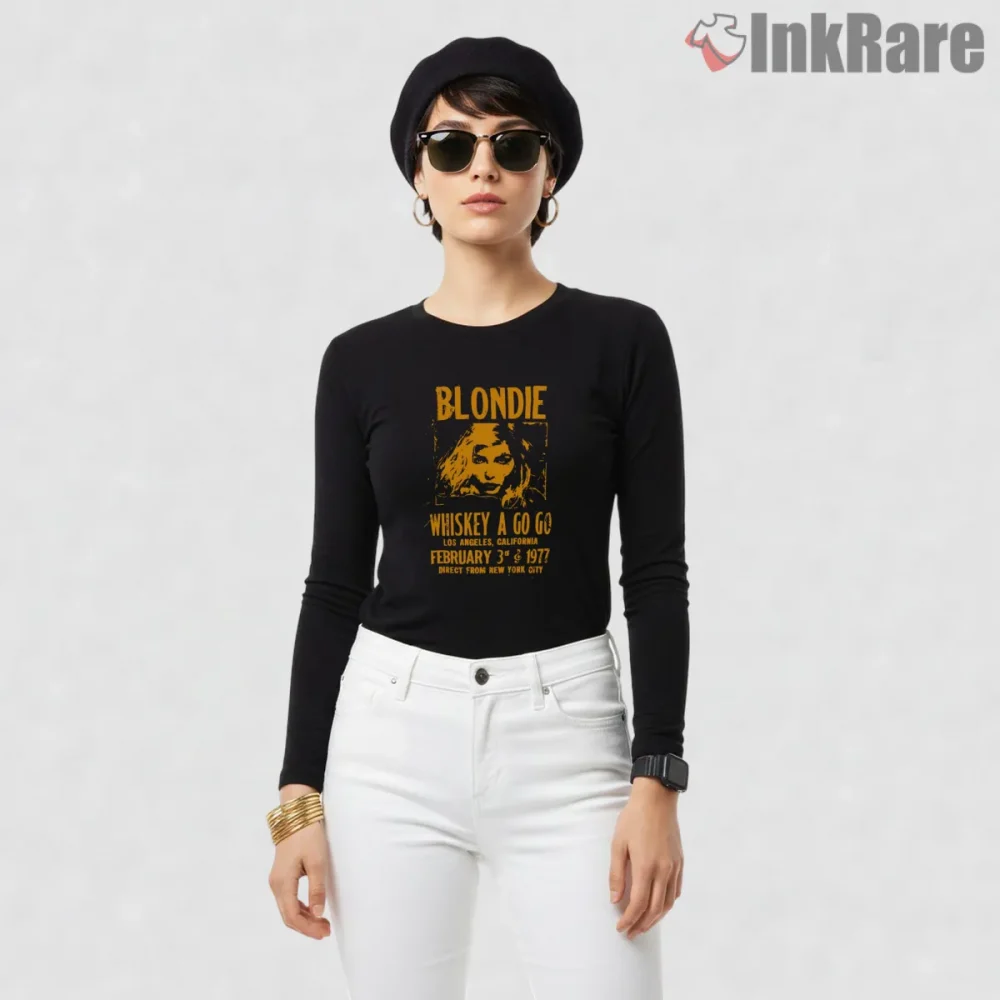 Blondie Whiskey A Go Go 1977 Vintage Concert Poster Shirt on black long sleeve shirt for women graphic tee