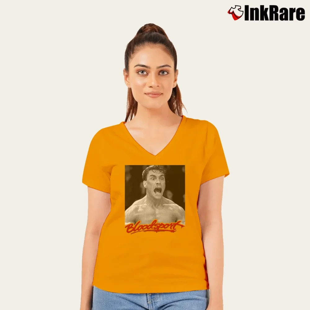 Women’s Bloodsport Jean Claude Van Damme V-Neck Tee in orange | Chic Neckline, Soft Texture