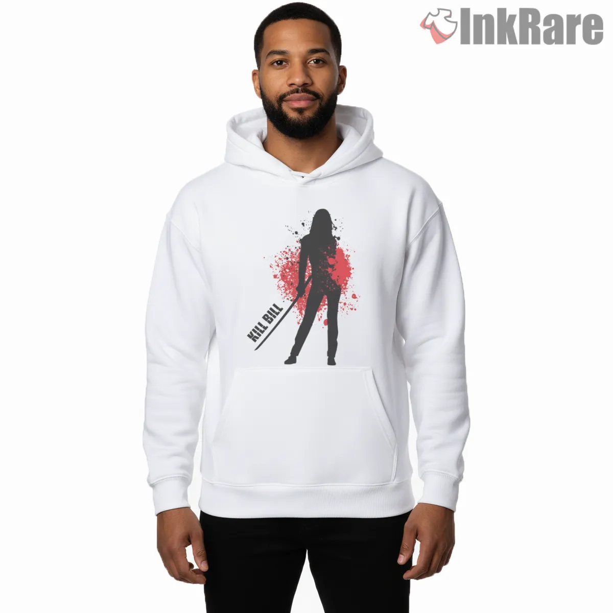 Bloody Bride Silhouette Red Splash Kill Bill Hoodie White Bloody Bride Silhouette Red Splash Kill Bill Shirt on white hoodie for men graphic tee