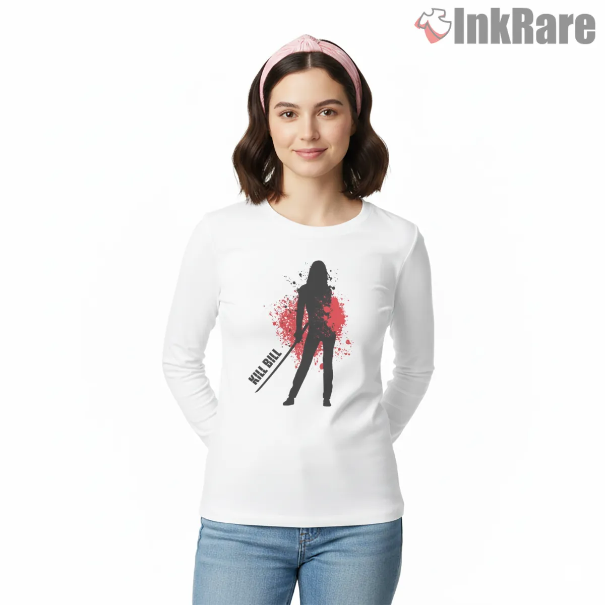 Bloody Bride Silhouette Red Splash Kill Bill Long Sleeve White Bloody Bride Silhouette Red Splash Kill Bill Shirt on white long sleeve shirt for women graphic tee